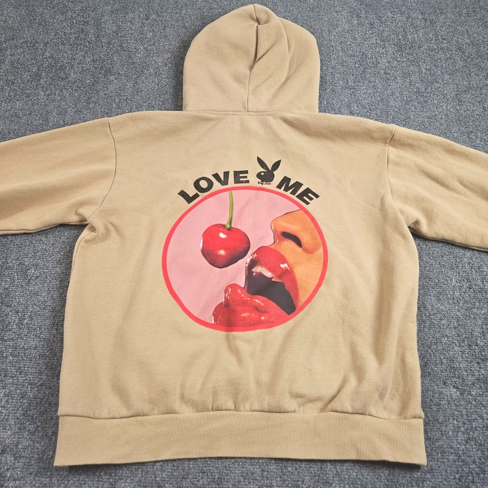 Playboy Hoodie Mens Medium Tan Love Me Cherry Graphic PacSun Pullover Sweatshirt